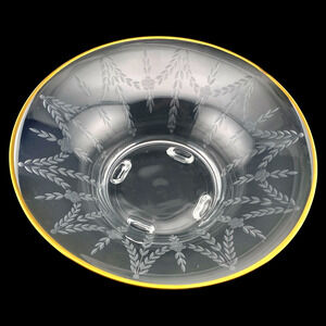 Vintage 1930s Elegant Glass 4 Footed Bowl Etched Daisy Fern Gold Trim Mint